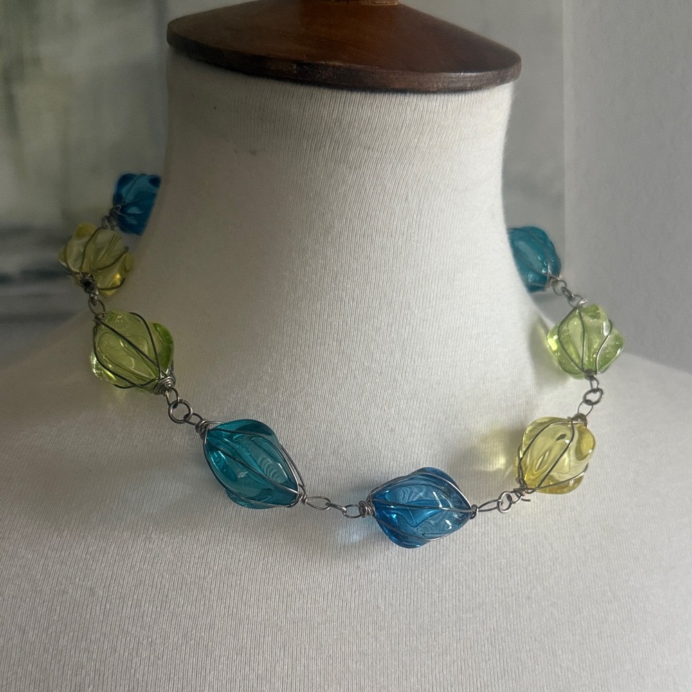 Vintage Blue, Yellow, Green Large Silver Wrapped Bead Necklace